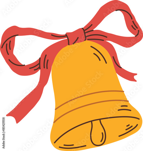Cartoon Christmas bell with red ribbon bow vector illustration. New year decoration clipart