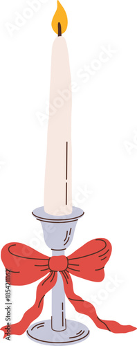 Cartoon Christmas candle with candlestick and bow vector illustration. Wedding decoration