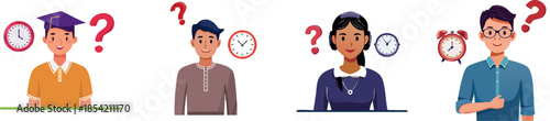 Confused businesspeople with clocks and question marks around heads