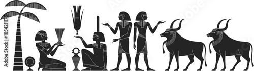 Ancient Egyptian culture silhouette set featuring Pharaohs, gods, symbolic animals, palm trees and traditional ritual heritage elements