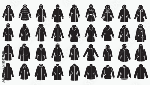 Winter overcoats and long jacket fashion glyph vector icons