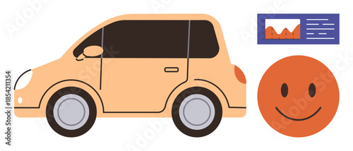 Small compact car next to dashboard with data graph and happy face circle. Ideal for automotive, transport, fuel efficiency, satisfaction, eco-friendly, innovation, progress themes. Simple flat