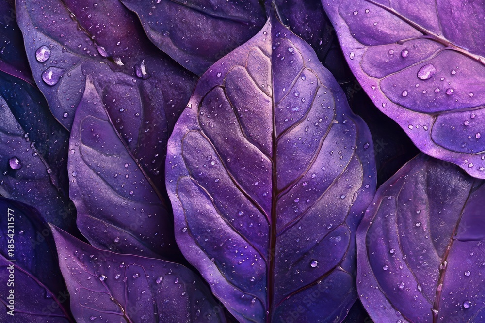 Fototapeta premium Purple plant leaf macro texture with water droplets