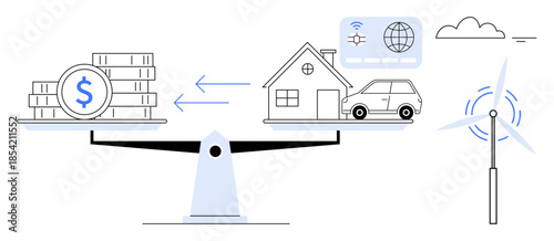 Financial balance concept. Money, housing, and transportation on a balanced scale finance, energy, and sustainability. Financial planning for renewable energy and resource management. For fintech