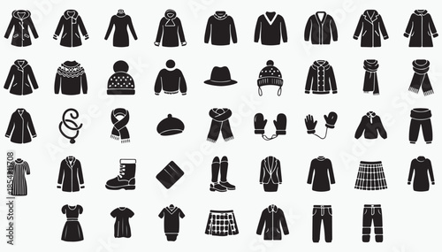 Winter dresses skirts and female fashion glyph vector icons
