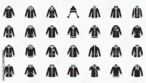 Cold weather winter jackets and hoodie glyph vector icons set
