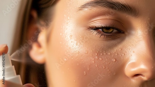 Close up of a person applying facial spray for skincare and hydration