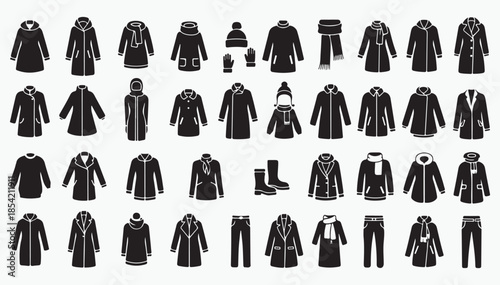 Minimalist winter coats and long jacket glyph vector icons set