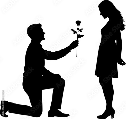 Man kneeling proposing with rose flower to woman silhouette art