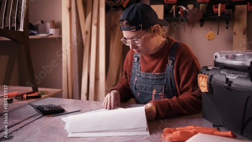 Female carpenter managing small business finances with calculator and financial reports in workshop