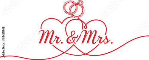 Mr and Mrs text with wedding rings and heart line illustration