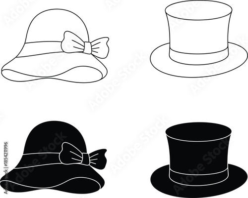 Ladies sun hat and classic top hat vector icons with outline and silhouette versions on white background