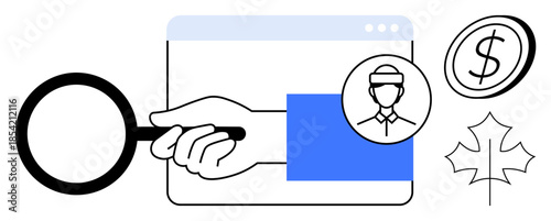 Fraud detection, digital security, financial analysis, verification, identity protection, online investigation. Hand holding magnifying glass, browser window dollar sign leaf person icon. Fraud