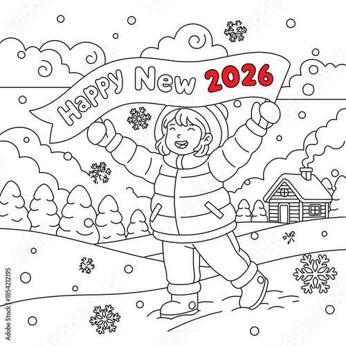 Cute Little Girl Playing in Snow Holding Happy New Year 2026 Banner – Winter Cartoon Color Book Illustration