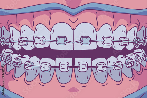 Abstract vector illustration of a pink heart pattern cartoon symbol on a cloud sky background, depicting teeth design art