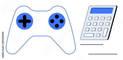 Gaming, education, problem-solving, technology usage, study balance, entertainment design. A game controller and calculator side by side. Gaming and education concepts combined