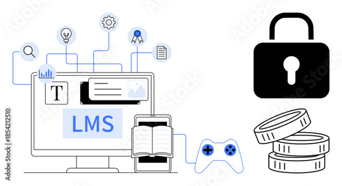 Education technology, gamification, e-learning, cybersecurity, data protection, digital tools. Desktop LMS screen with text, graphics open book. Education technology and gamification concept