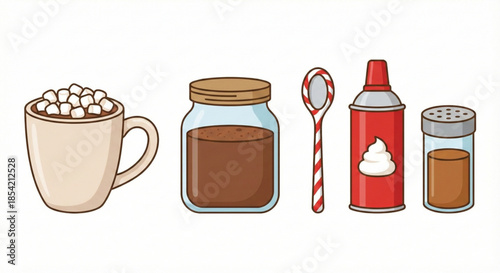 Essential components for creating a comforting and sweet hot chocolate beverage with various toppings