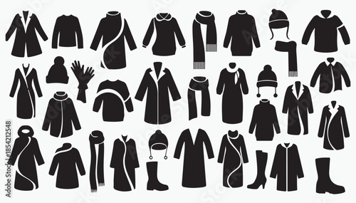 Winter clothing and autumn fashion silhouettes glyph icons set