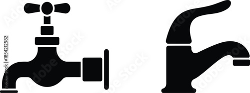 Water tap and modern faucet vector silhouette icons for plumbing service and bathroom kitchen hardware design