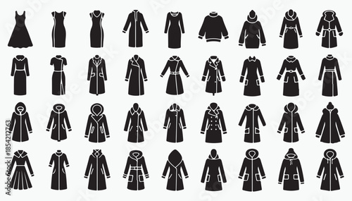 Winter female dresses and long coat fashion glyph vector icons