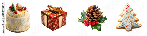 Christmas elements decorated cake, gift box, pinecone, and fir tree iced cookie isolated on transparent background