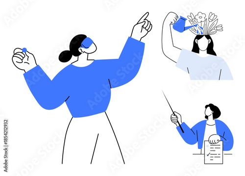 Female figures engage in creative actions, nurturing ideas with care, analyzing documents, and pointing to goals. Ideal for brainstorming, innovation, education, self-improvement, strategy teamwork