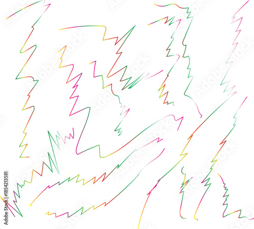Abstract chaotic zigzag lines with colorful rainbow gradients. Electric scribble pattern and vibration texture on white background.