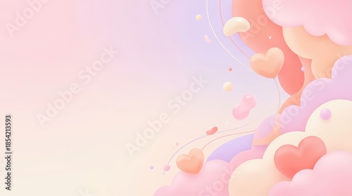 Whimsical pink and purple clouds with floating hearts