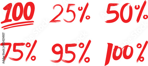 Bold Vector Red Brush Stroke Percentage Symbols Set. Hand Drawn style 100%, 95%, 75%, 50%, 25% Typography for Promotion, Offer, UI, Infographic and Web Design.