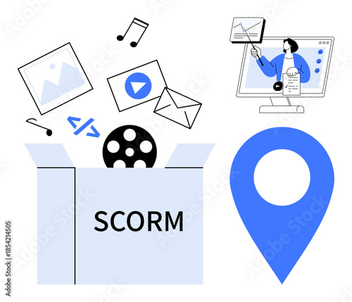 SCORM concept. SCORM package for eLearning with multimedia content, course delivery, and online interaction tools. SCORM enhances digital learning in education, training, remote work