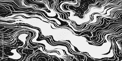 Abstract seamless black and white geometric pattern with zebra wave lines and curved vector shapes for artistic textile decor and tile wallpaper illustration