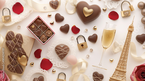 チョコ、花、アクセサリーが散りばめられている