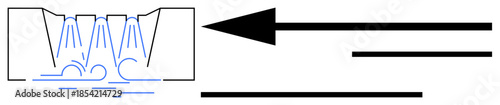 Fluid flow dynamics. Diagram of fluid movement in a channel with arrows indicating direction. Fluid flow concepts used in engineering, water systems, and thermodynamics. Applications in hydraulics
