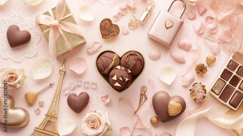 チョコ、花、アクセサリーが散りばめられている