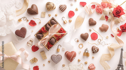 チョコ、花、アクセサリーが散りばめられている