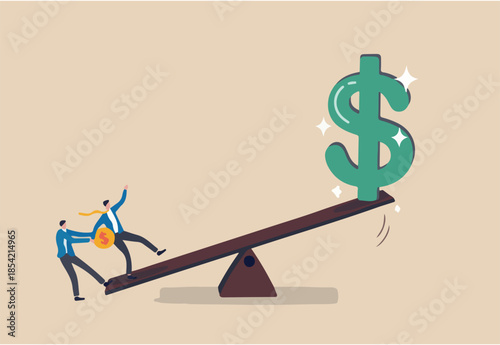 Leverage investing, investor borrow money or stock to increase potential return concept, businessmen investor borrow money coin from other to use to leverage the seesaw to gain big dollar money sign