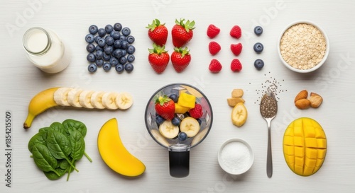 Flat lay of smoothie ingredients isolated on white background, top view