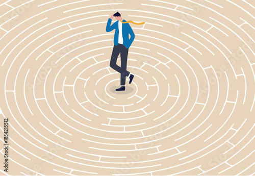 Business trouble, difficulty or challenge, solving hard or complex problem, finding solution, lost or struggle, finding way out concept, frustrated businessman in difficult and complex labyrinth.
