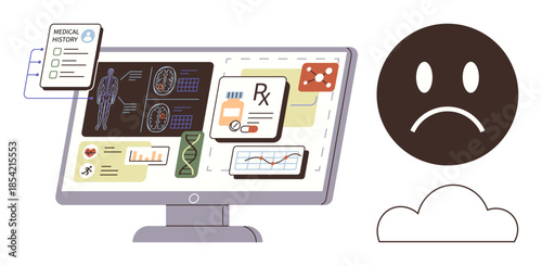 Computer monitor displaying patient data, charts, medical history, and analytics. Sad face symbolizes concern. Ideal for healthcare, technology, data interpretation, medical research diagnostics