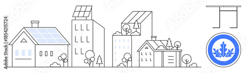 Renewable energy, eco-friendly housing, urban sustainability, green building, environmental conservation, clean power. Solar panels on buildings, trees and design icon. Renewable energy