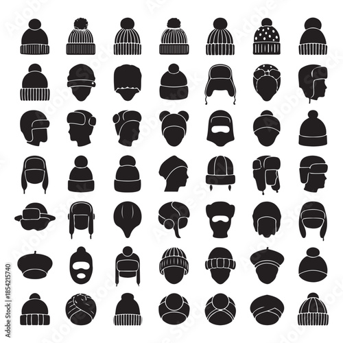 Winter hats and headgear fashion wear glyph vector icons set