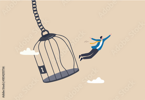 Courage to escape for freedom, get out of comfort zone to find new job, open mind or fly away for better life, hope and liberty concept, courage businessman escape from bird cage jump and fly away.