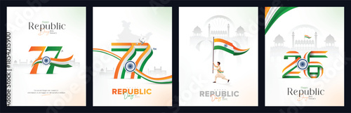 77th Republic Day of India Celebration Design with Tricolor Flag on 26 January for Social Media Post , Web Banner, Story, Print Design 