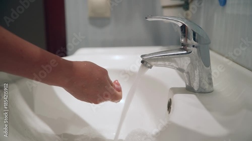 Close up of female hands rinsing and cleaning under flowing water from modern chrome faucet in white ceramic bathroom sink. Hand hygiene and handwashing routine at home.
