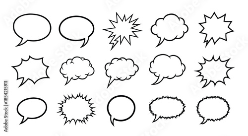 Comic book speech bubbles and thought clouds in black outline
