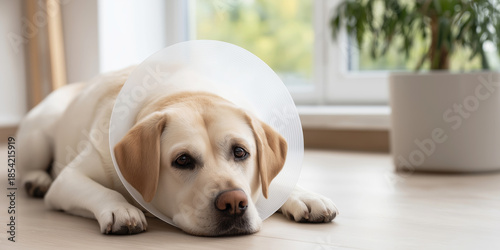 Labrador dog wearing Elizabethan collar, or pet cone, lying on floor, recovering from surgery or injury