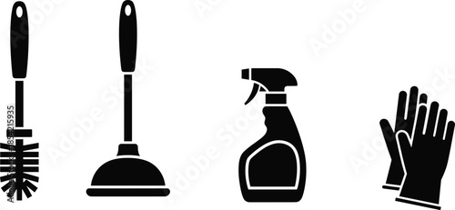 Black Silhouette Icons of Toilet Brush, Plunger, Spray Bottle, and Gloves – Essential Bathroom Cleaning Tools for Sanitation Design Projects