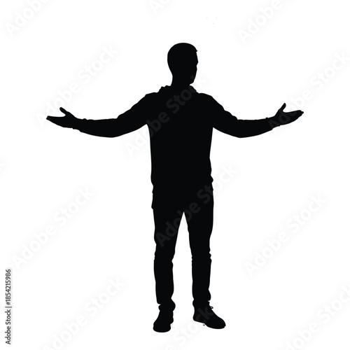 A silhouetted person stands with arms outstretched presenting an open gesture