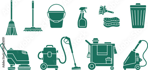 Black silhouettes of cleaning tools including mop, broom, vacuum, scrubber, janitor cart, and pressure washer on white background